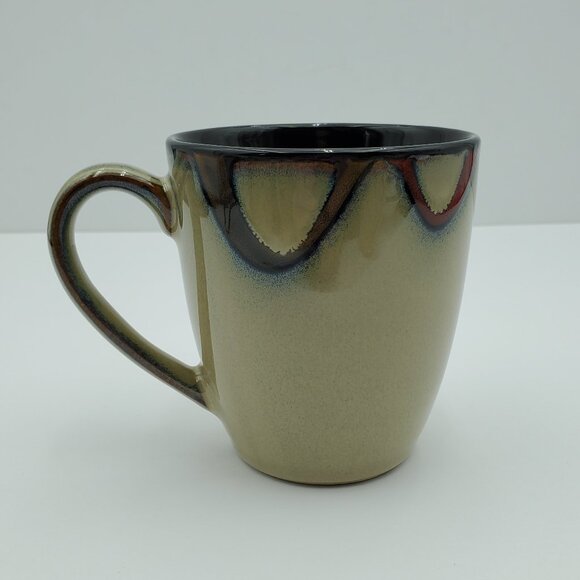 Pier 1 Wave Mugs Tan Stoneware Mugs Brown Gold Reddish Orange Arc Border - Picture 8 of 9